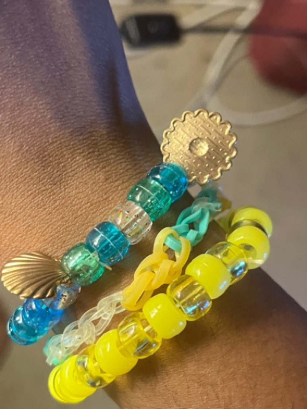 Handmade Yellow & Teal Beaded Bracelet Set (including 1 rubber band bracelet)